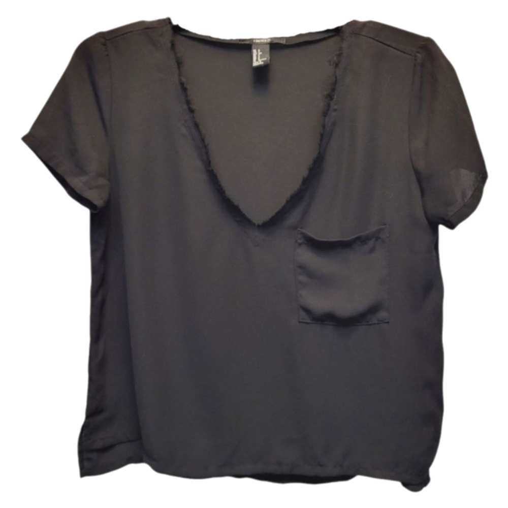 Forever 21 Black Semi-Sheer Distressed V-Neck Blouse Pocket Tee - Sz S